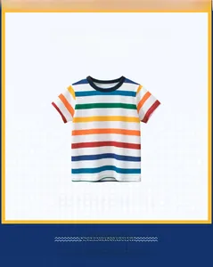 Detail of multi-color striped cotton t-shirt with navy crew neck for kids aged 2-10