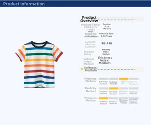 Detail showing 100% cotton rainbow striped kids short sleeve t-shirt fabric and size specs