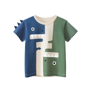 Kids Boys Short Sleeve T-Shirt Cotton Dinosaur Cartoon Pattern 3D Fin Detail Color Block Summer Casual Round Neck Top