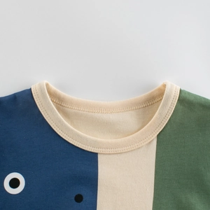 Kids short sleeve t-shirt with navy, beige and forest green color-block crew neck detail