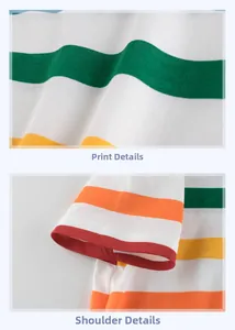 Detailed view of colorful striped cotton T-shirt featuring shoulder stitching and soft knit fabric