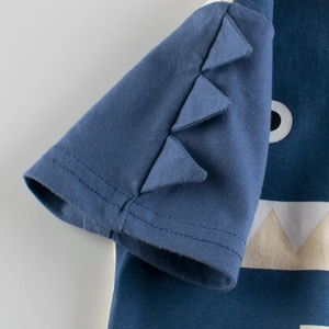 Blue kids t-shirt with 3D dinosaur fin sleeves and cartoon dinosaur pattern detail