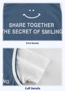 Detail of blue cotton T-shirt showing printed smile logo and contrast stitching sleeves