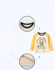 Detail shots of kids long sleeve T-shirt with lion print, ribbed neck and hem stitching