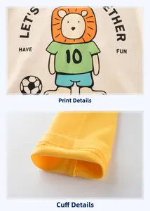 Detailed view of cartoon lion print and ribbed cuffs on kids' long-sleeve cotton T-shirt