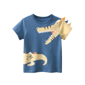 Boys Short Sleeve T-Shirt Cotton Cartoon Crocodile Dinosaur Print With 3D Fins Summer Casual Top