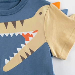 Short sleeve blue cotton t-shirt for boys featuring a yellow crocodile cartoon print