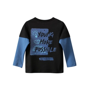 Kids long sleeve t-shirt in black and blue with creative graphic print and lettering