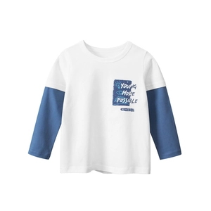 Kids long sleeve faux two-piece t-shirt with navy blue sleeves and graphic print