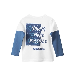 Kids long sleeve cotton t-shirt with fake two-piece design and blue back graphic print