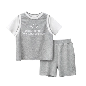 Kids summer two-piece cotton set with grey short sleeve smiling tee and shorts