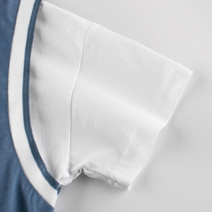 Short sleeve cotton t-shirt for boys with blue and white color block neckline detail