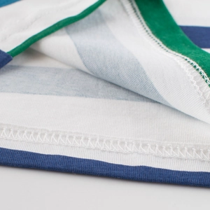 Toddler boys striped short sleeve T-shirt with navy, white, and green knit texture