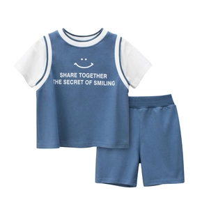 Kids casual summer clothing set with dark blue smiling t-shirt and matching shorts