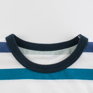 Short sleeve cotton T-shirt for boys featuring striped patterns and navy blue crew neck