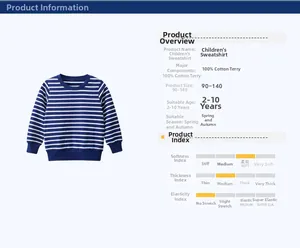 Dettaglio felpa per bambini a righe blu e bianche in tessuto di spugna 100% cotone