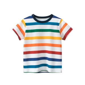 Colorful horizontal striped cotton short sleeve T-shirt for boys with blue ribbed crew neck