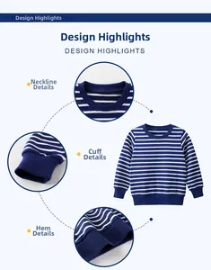 Dettaglio della felpa a righe blu per bambini con polsini e scollo in maglia a coste