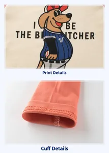 Détails de l'imprimé dessin animé et des poignets côtelés orange du t-shirt enfant