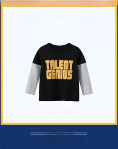 Detail view of boys' faux two-piece long sleeve t-shirt with Talent Genius print