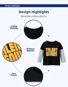 Detail view of the ribbed neckline, printed chest graphic and hem on a kids' t-shirt