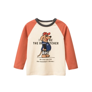 T-Shirt À Manches Longues Garçon Coton Raglan Décontracté Dessin Animé Chien Baseball Sportif Couleurs Contrastées Top