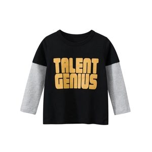 Boys fake two-piece long sleeve t-shirt with Talent Genius print in black and gray