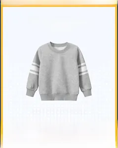 Detail of grey kids sweatshirt showing ribbed collar and white numeric print on cotton blend