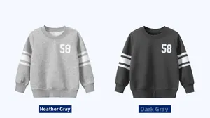 Detail view of gray heather and dark gray sweatshirts with white number 58 and sleeve stripes