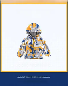 Close-up of boys space camo hooded jacket featuring astronaut prints and zipper detail