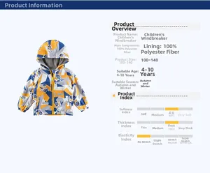 Detailed size chart and specs for kids' space themed windbreaker jacket with rocket print