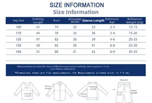 Detailed size information chart for kids camouflage zip jacket and pants set
