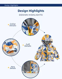 Detail view of boys' windbreaker with astronaut space patterns, zipper, and elastic cuffs