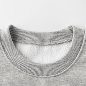 Close-up of gray knit sweatshirt ribbed neckline with soft white fleece lining details