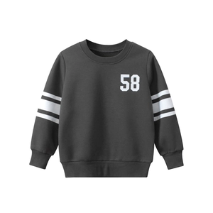 Kids charcoal grey crewneck sweatshirt with white number 58 print and striped sleeves