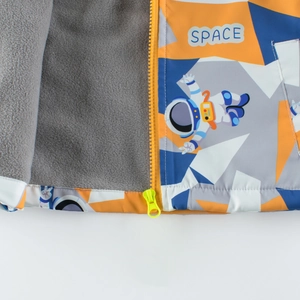 Kids orange and blue astronaut print camouflage windbreaker jacket with warm fleece lining