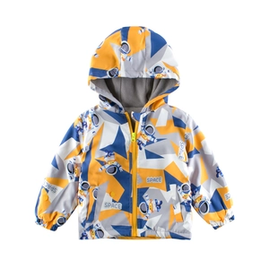 Kids color-block hooded zipper jacket with astronaut print and fleece lining