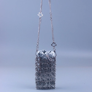 Mini silver butterfly hollow metal chain phone bag with a satin drawstring inner pouch