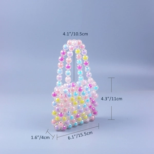 Detailed size chart of handmade mini acrylic beaded handbag with colorful rainbow beads