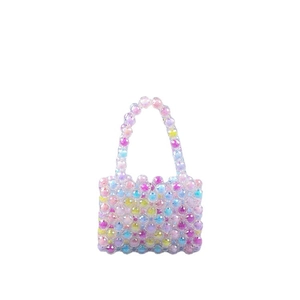 Colorful mini acrylic beaded handbag with iridescent macaron rainbow tones and top handle