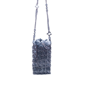 Chic silver hollow flower metal cage bucket bag with chain strap and drawstring inner pouch