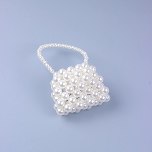 Mini handmade faux pearl beaded handbag with square lattice design and white glossy finish