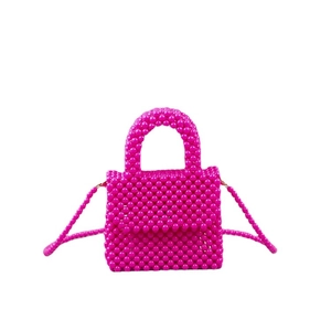 Handmade rose red acrylic beaded mini handbag with top handle and crossbody strap