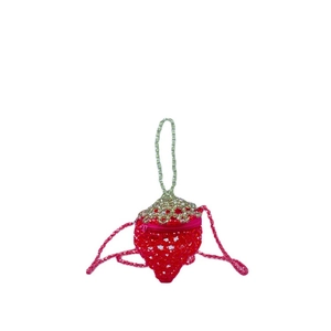 Mini acrylic strawberry beaded crossbody bag with handmade red beads and green leaf handle