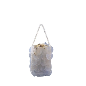 Handmade pearl bead handbag with white sequins fish scale pattern and gold drawstring