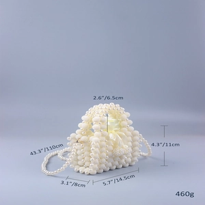 Detailed size map of handmade pearl beaded mini bag with gold satin drawstring liner