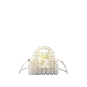 Mini pearl bead handbag with drawstring silk pouch and long shoulder strap