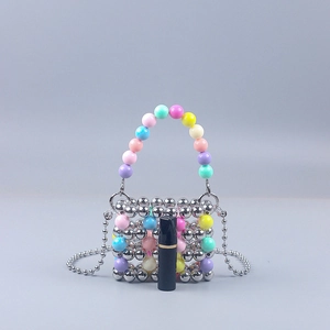 Mini colorful beaded handbag with silver metal beads and detachable crossbody chain