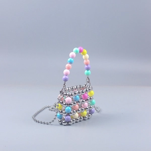 Handmade colorful macaron beaded mini crossbody bag with metallic silver beads and chain