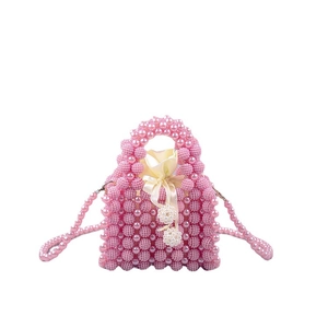 French vintage handmade pink pearl beaded handbag with drawstring satin lining and strap